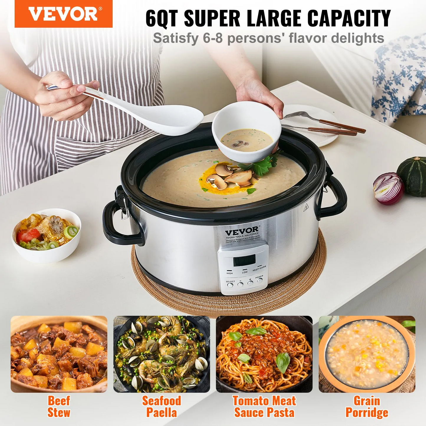 VEVOR Slow Cooker, 6QT 240W Electric Slow Cooker Pot with 3-Level Heat Settings,-$50