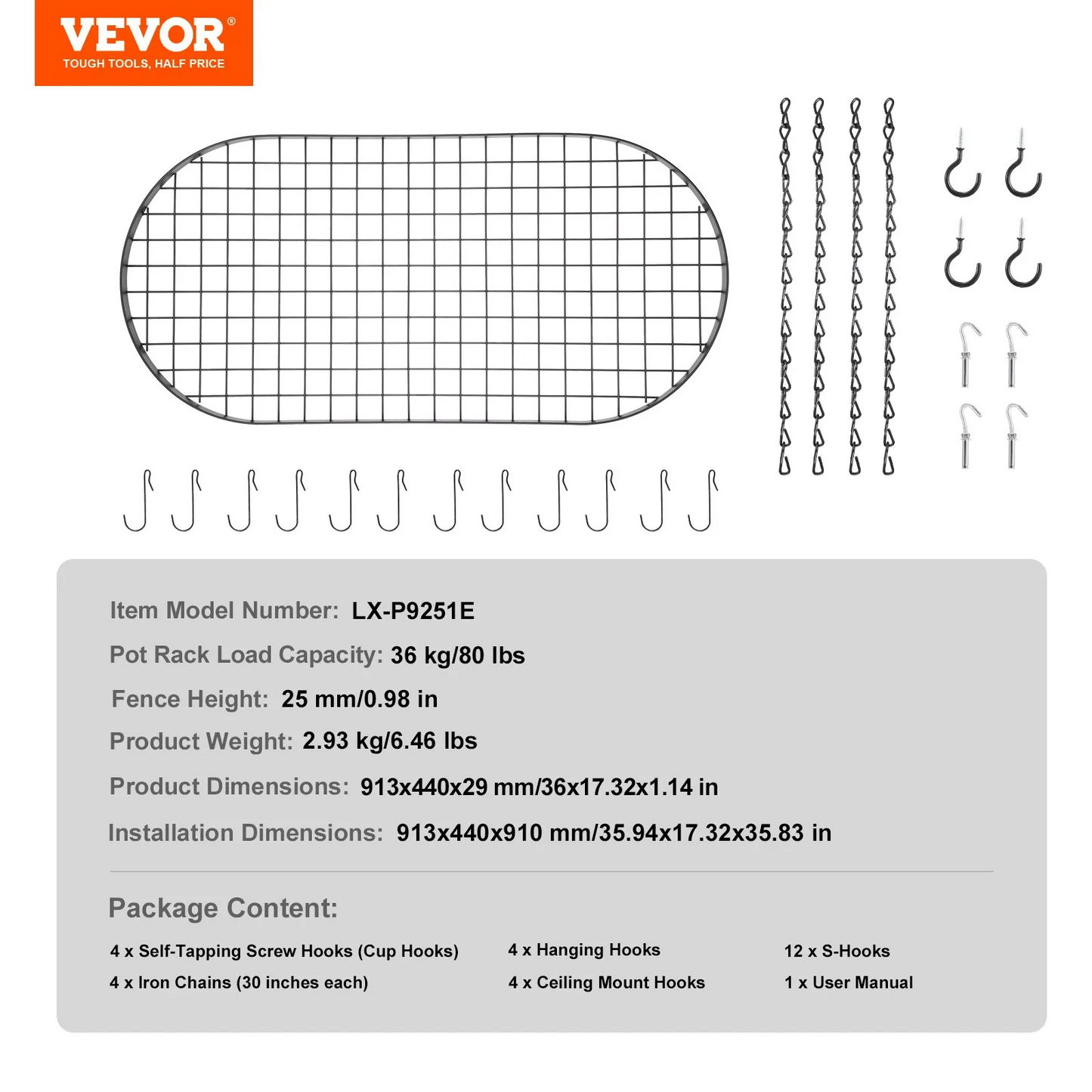 VEVOR Hanging Pot Rack, 36 inch Hanging Pot Rack Ceiling Mount, Ceiling Pot Rack with 20 S Hooks,-$35