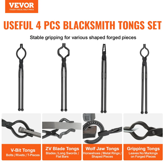 VEVOR Blacksmith Tongs, 18” 4 PCS, V-Bit Bolt Tongs, Wolf Jaw Tongs, Z V-Bit Tongs and Gripping Tongs,-$60
