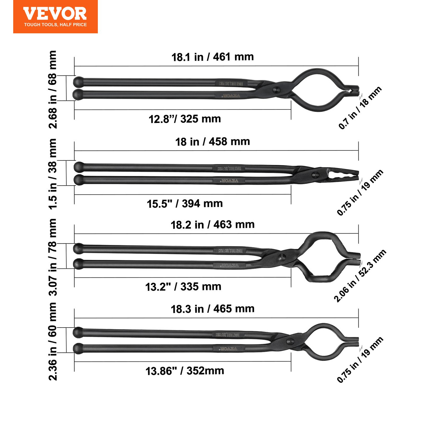 VEVOR Blacksmith Tongs, 18” 4 PCS, V-Bit Bolt Tongs, Wolf Jaw Tongs, Z V-Bit Tongs and Gripping Tongs,-$60