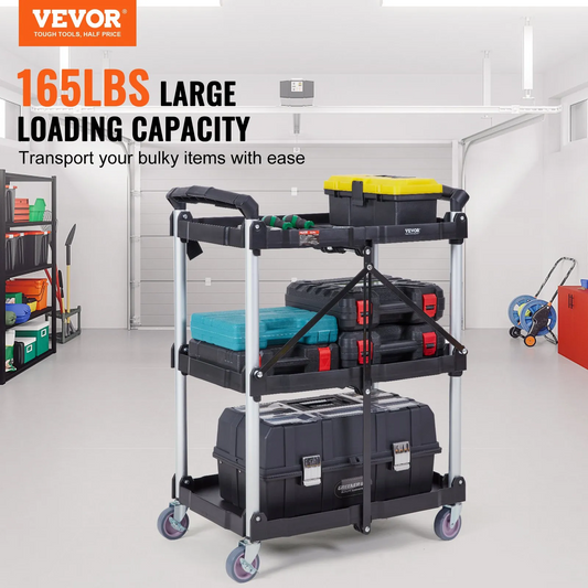 VEVOR Foldable Utility Service Cart, 3 Shelf 165LBS Heavy Duty Plastic Rolling Cart with Swivel Wheels,-$80