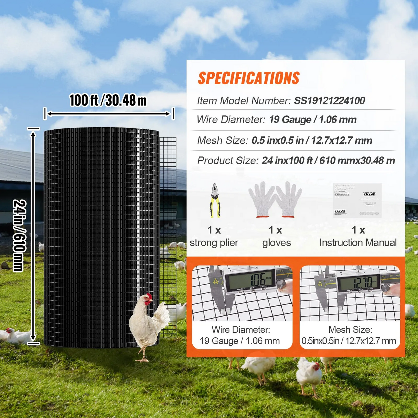 VEVOR Hardware Cloth, 24'' x 100' Galvanized Wire Mesh Roll, 19 Gauge Chicken Wire Fence Roll,-$50