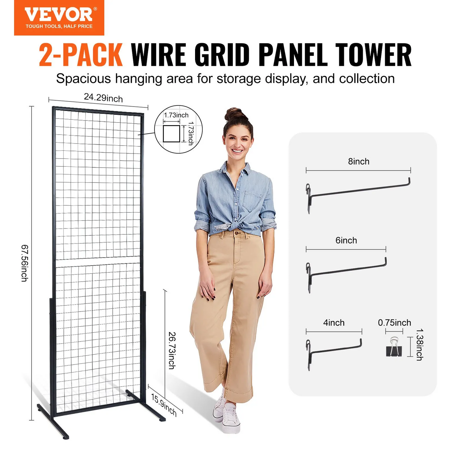 VEVOR 2' x 5.6' Grid Wall Panels Tower, 2 Packs Wire Gridwall Display Racks with T-Base Floorstanding,-$50