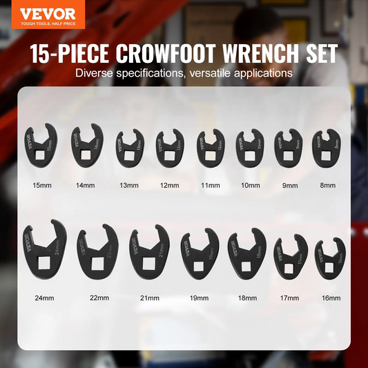 VEVOR Crowfoot Wrench Set, 1/2" and 3/8" Drive 15-Piece Crows Foot Wrench Set with PP Storage Case,-$35