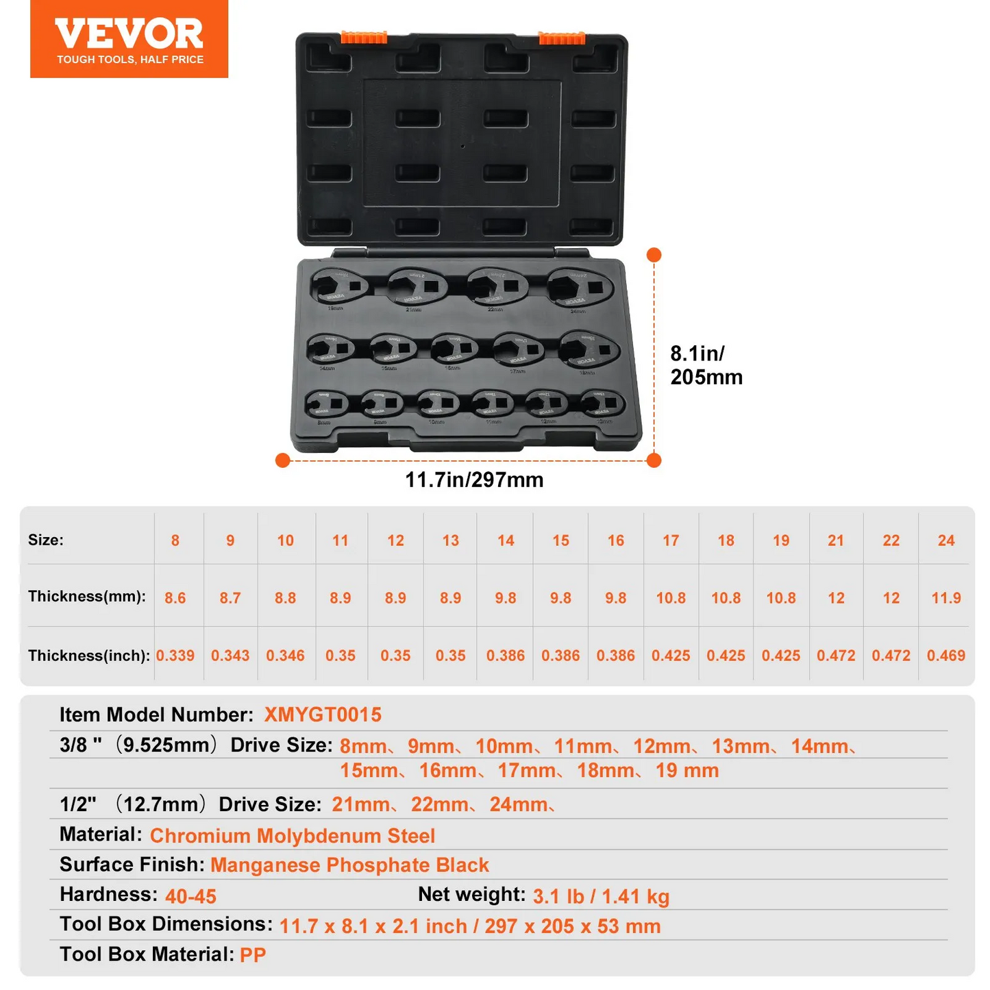 VEVOR Crowfoot Wrench Set, 1/2" and 3/8" Drive 15-Piece Crows Foot Wrench Set with PP Storage Case,-$35