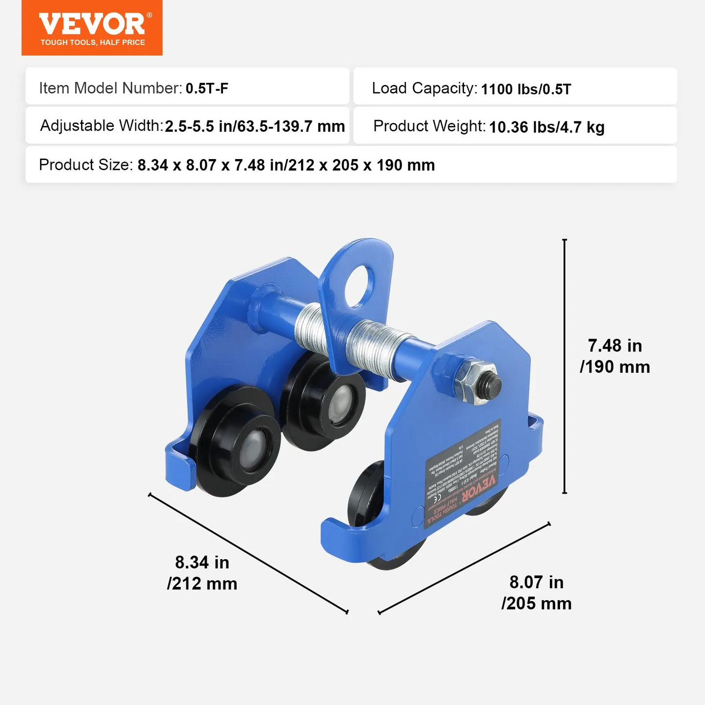 VEVOR Manual Trolley, 1100 lbs/0.5 Ton Load Capacity Push Beam Trolley with Dual Wheels,-$30