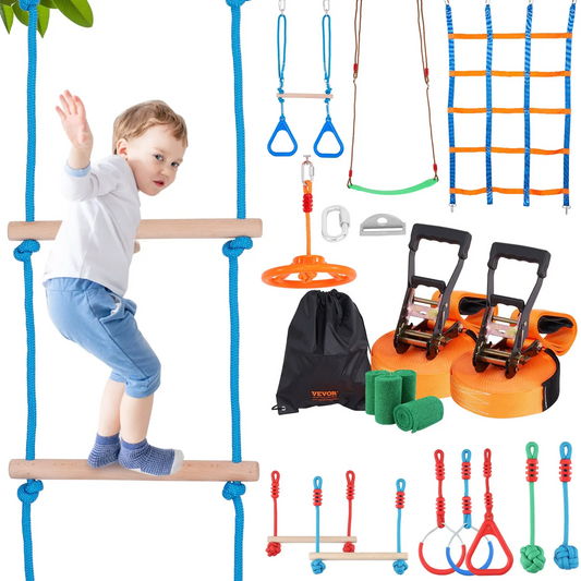 VEVOR Ninja Warrior Obstacle Course for Kids, 2 x 65 ft Weatherproof Slacklines, 500lbs Weight Capacity,-$85