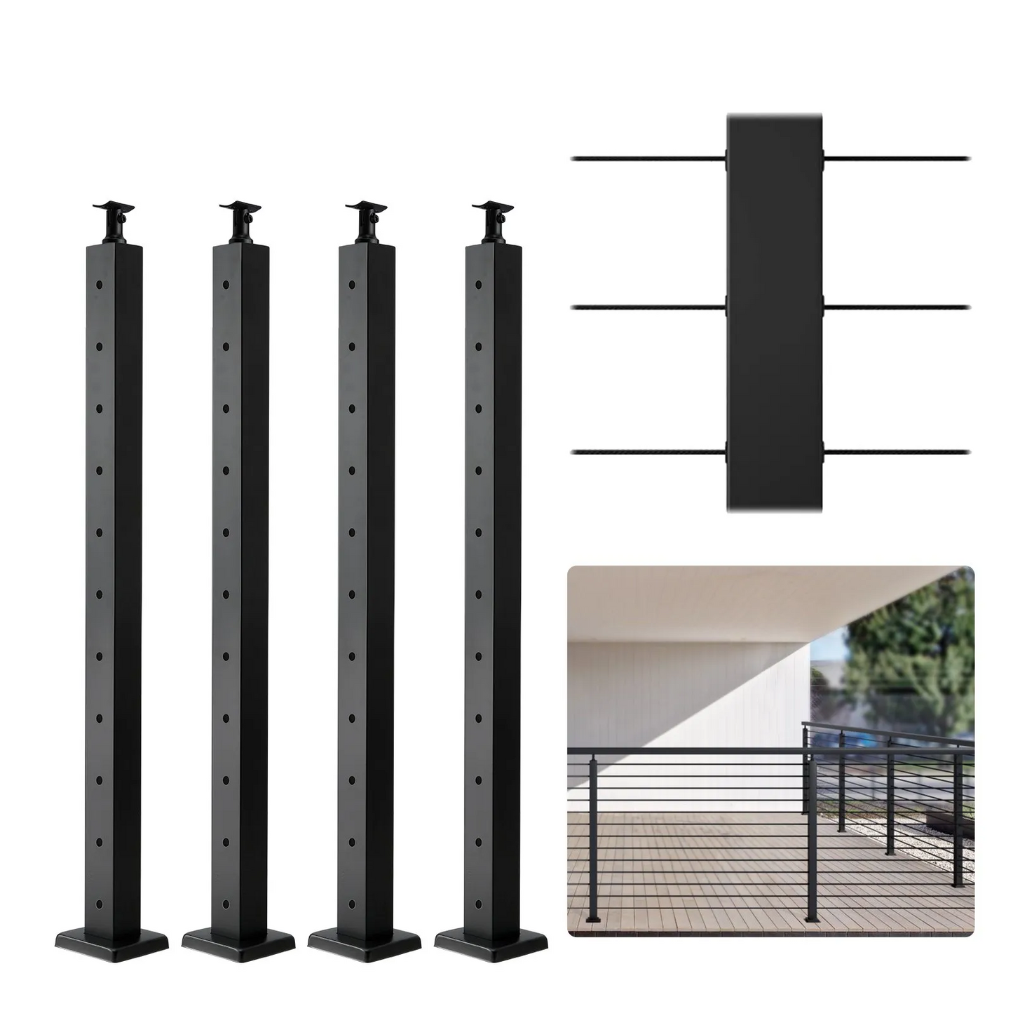 VEVOR 4-Pack Cable Railing Post, 36" x 2" x 2" Steel Horizontal Hole Deck Railing Post, 10 Pre-Drilled Holes,-$130