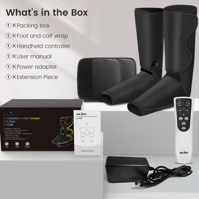 BNIB-Sejoy Air Compression Leg Massager with Heat, Foot and Calf Massage with 3 Modes 3 Intensities,-$50