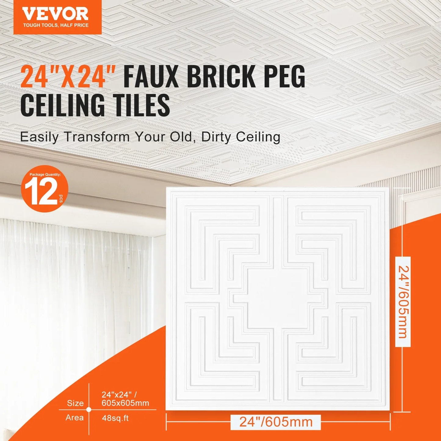 VEVOR Ceiling Tiles, 12-Pack 24 x 24 in, Drop Ceiling Tiles Premium PVC Sheet, Easy Installation/ Cutting,-$45