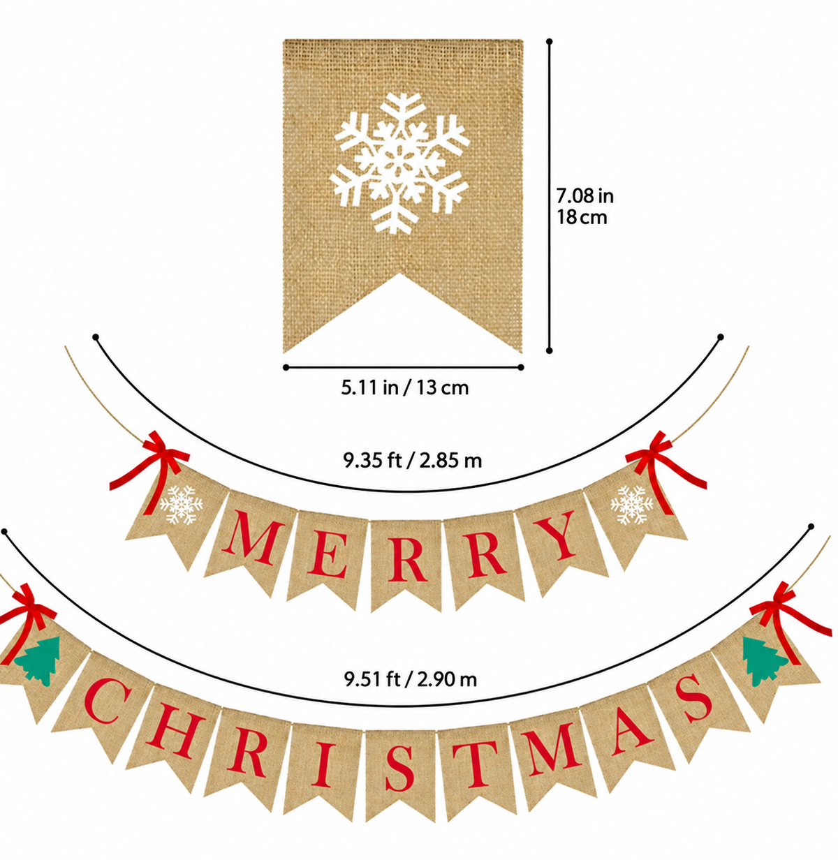 Brand New Merry Christmas Burlap Banner Set with 4 Red Bows,-$5