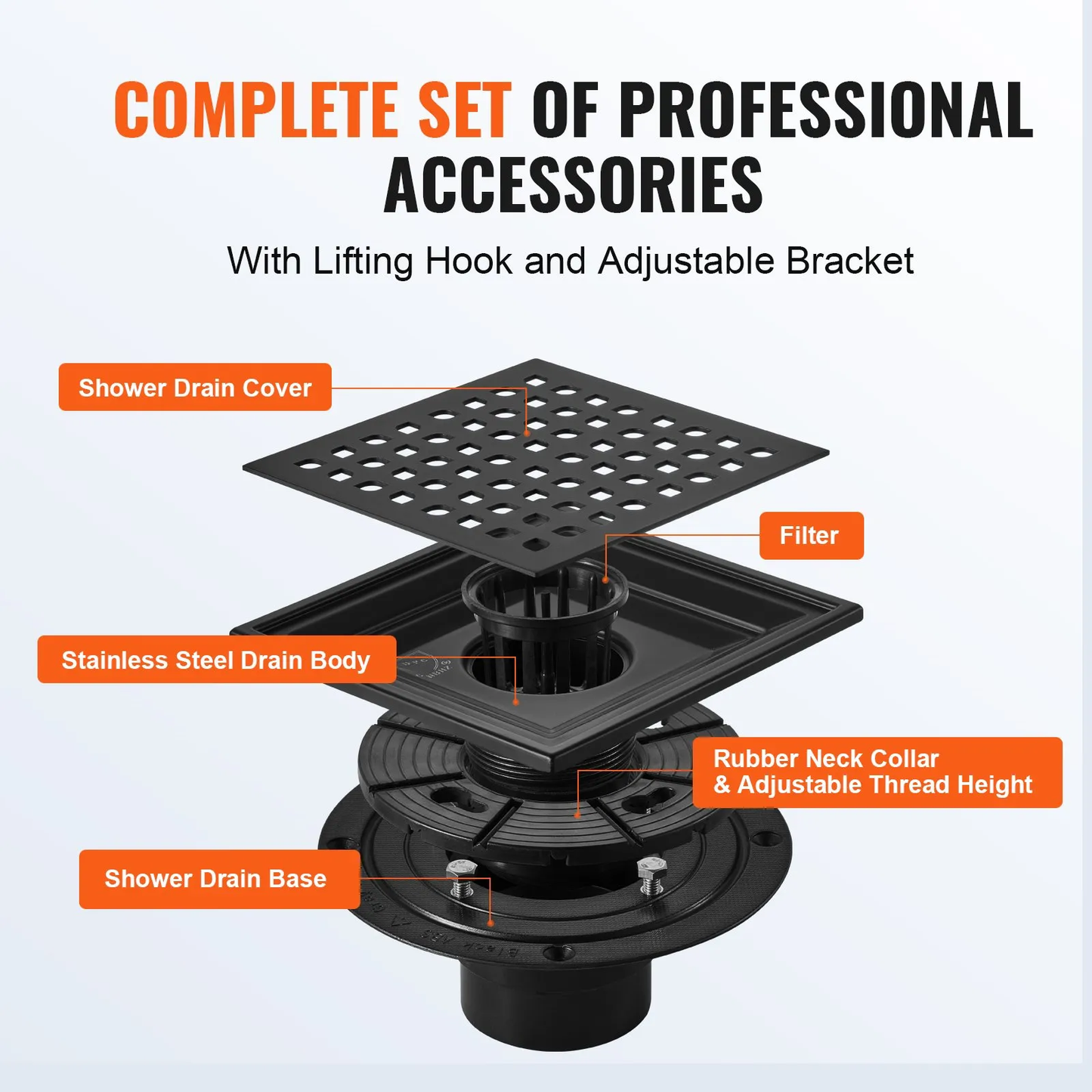 VEVOR 16 Inch Linear Shower Drain with Square Pattern Grate,Brushed 304 Stainless Steel Rectangle,-$20