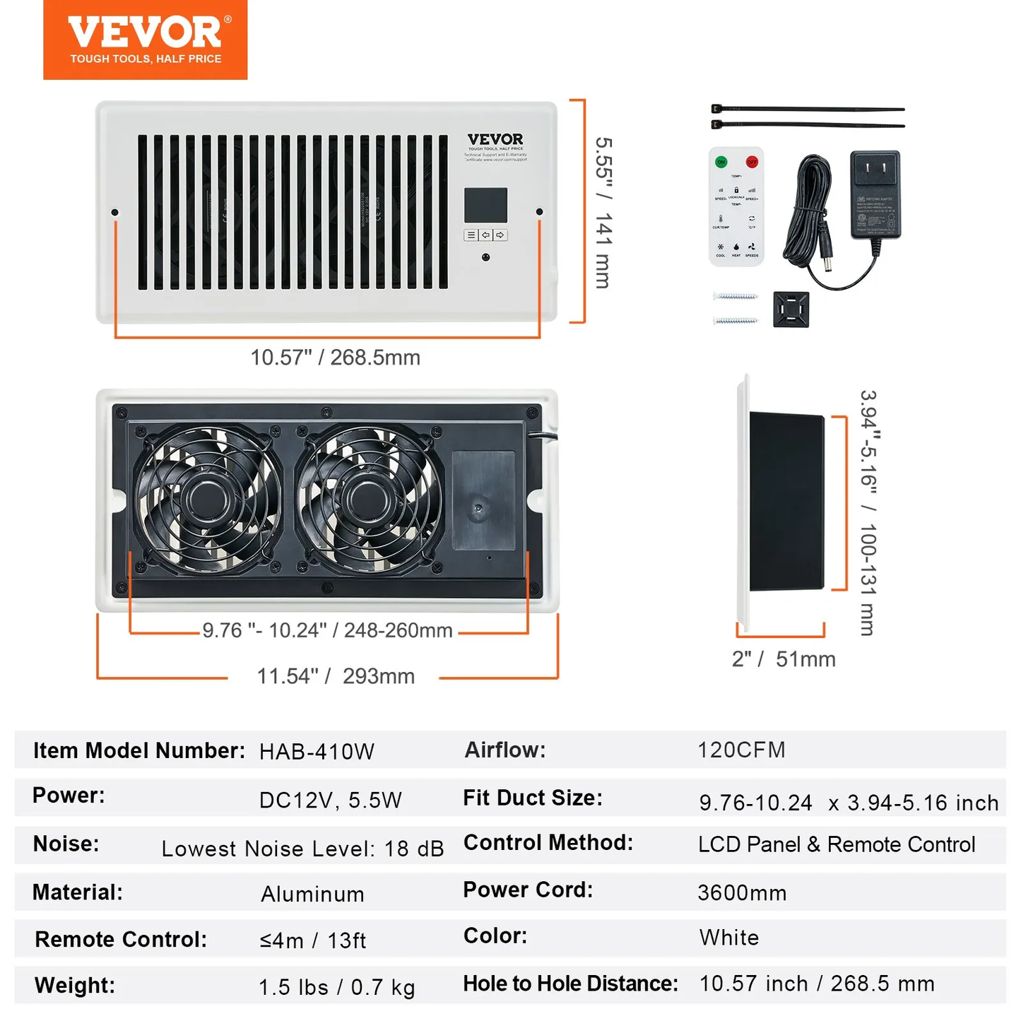 VEVOR Register Booster Fan, Quiet Vent Booster Fan Fits 4” x 10” Register Holes, with Remote Control,-$35