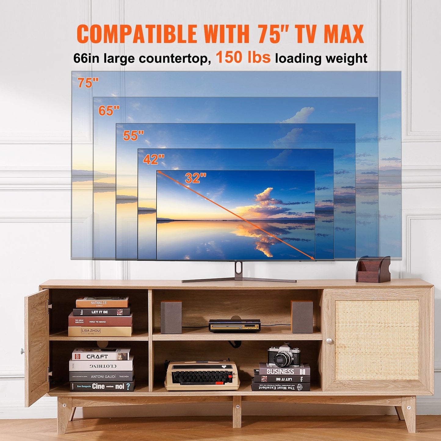 BNIB-VEVOR Rattan TV Stand for 75" TV Boho TV Stand with Build-in Socket Oak,-$220