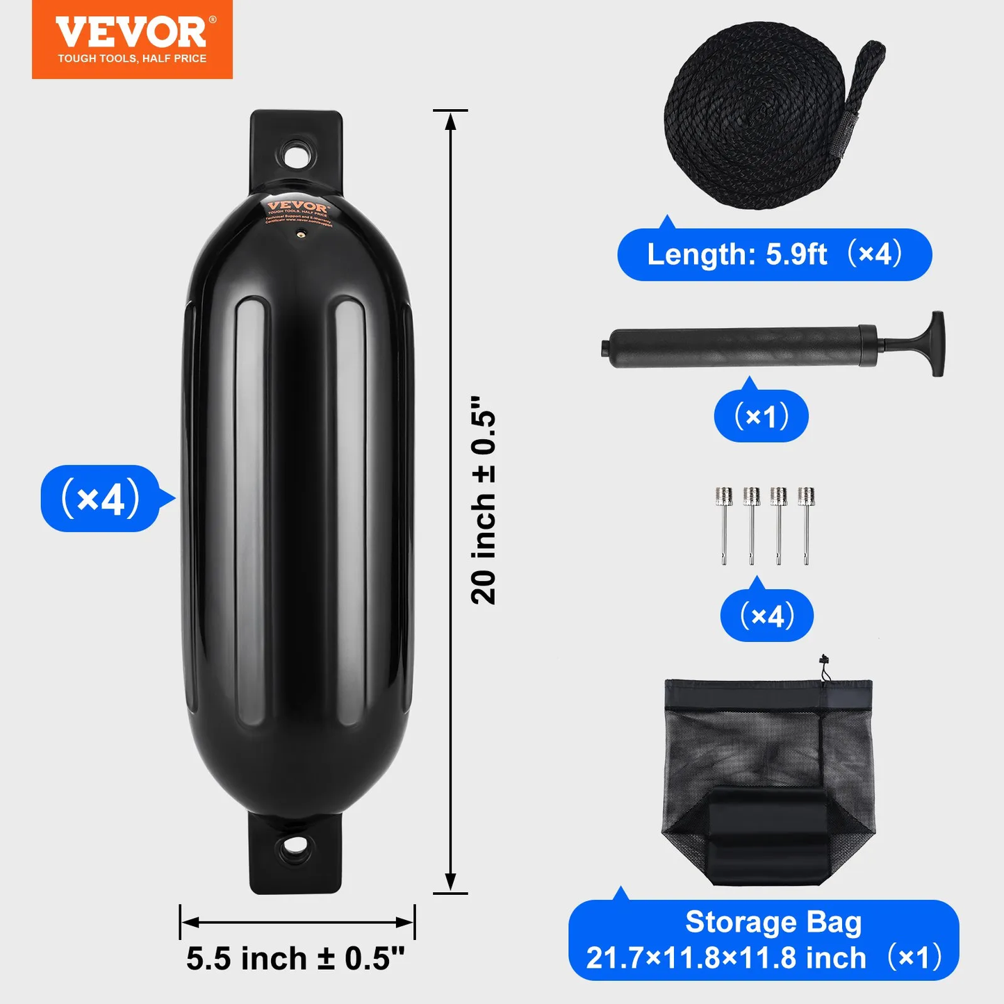 VEVOR Boat Fenders, 5.5" x 20" Boat Bumpers for Docking, Inflatable Ribbed Fender,-$40