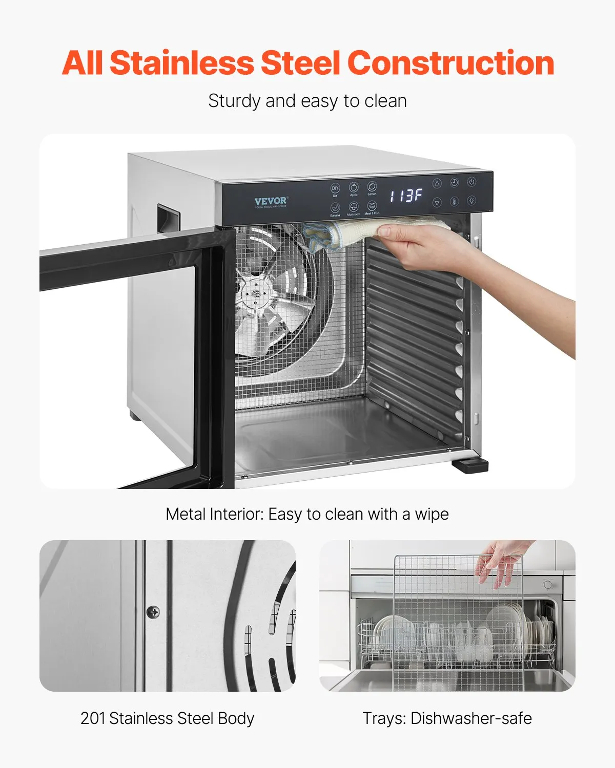 VEVOR Food Dehydrator Machine, 10 Stainless Steel Trays, 1000W Electric Food Dryer with Adj Temperature,-$150
