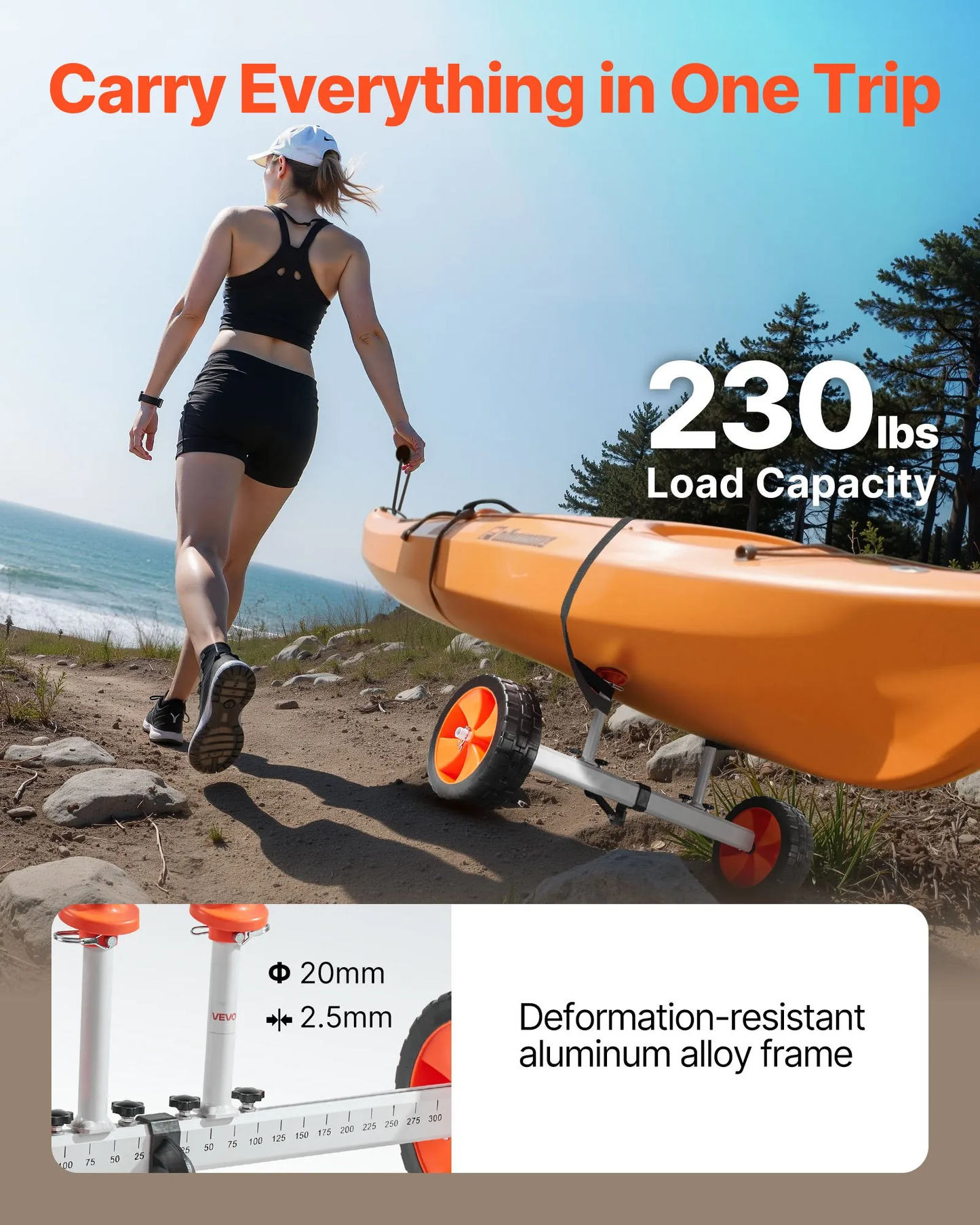 VEVOR Kayak Cart, 230 lbs Load Capacity, Canoe Cart Dolly with 10-inch Solid PU Tires & Kickstand,-$35