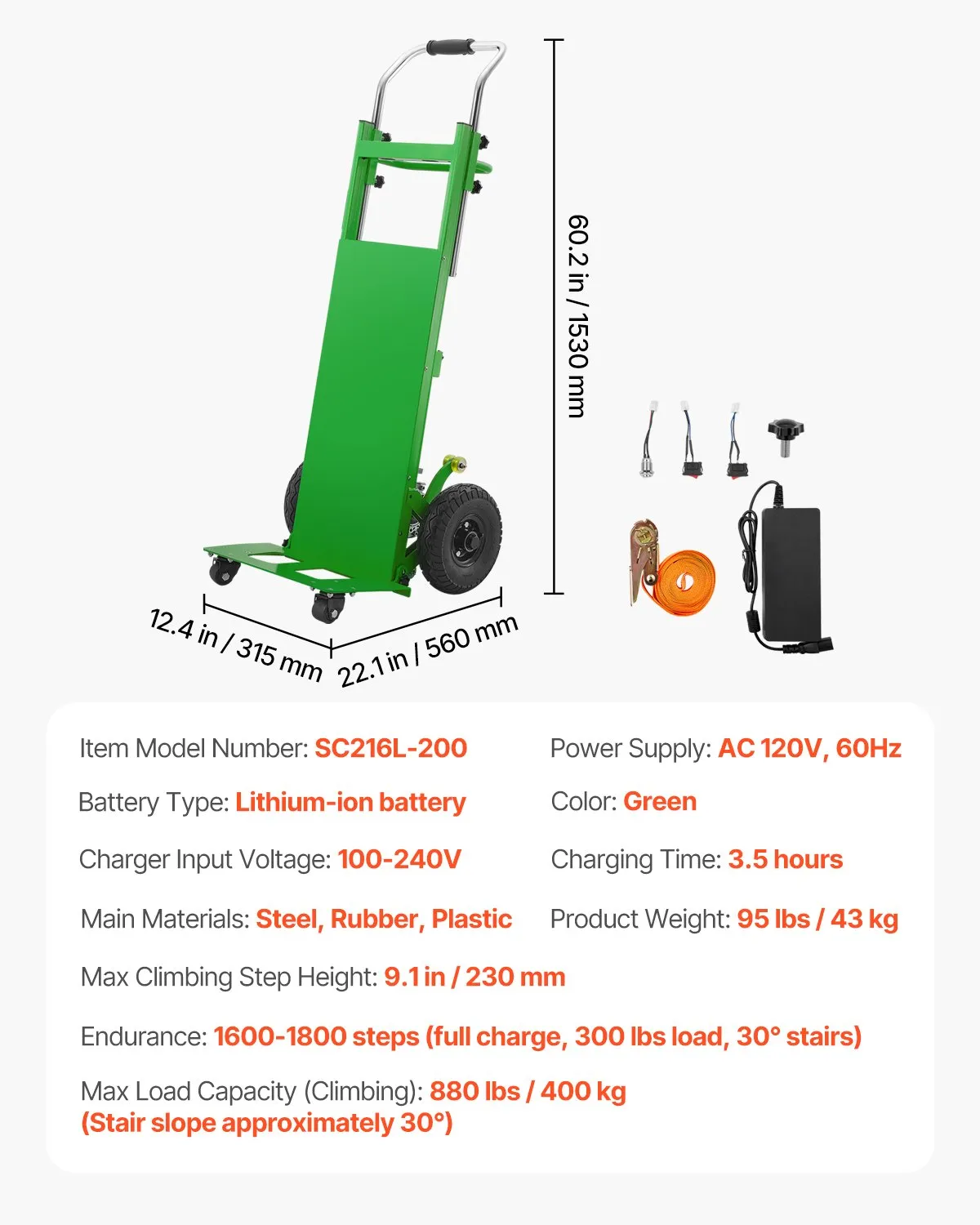 VEVOR Electric Stair Climbing Hand Truck, 400 kg Load Capacity, Equipped with 400 cm Pull Rope,-$950
