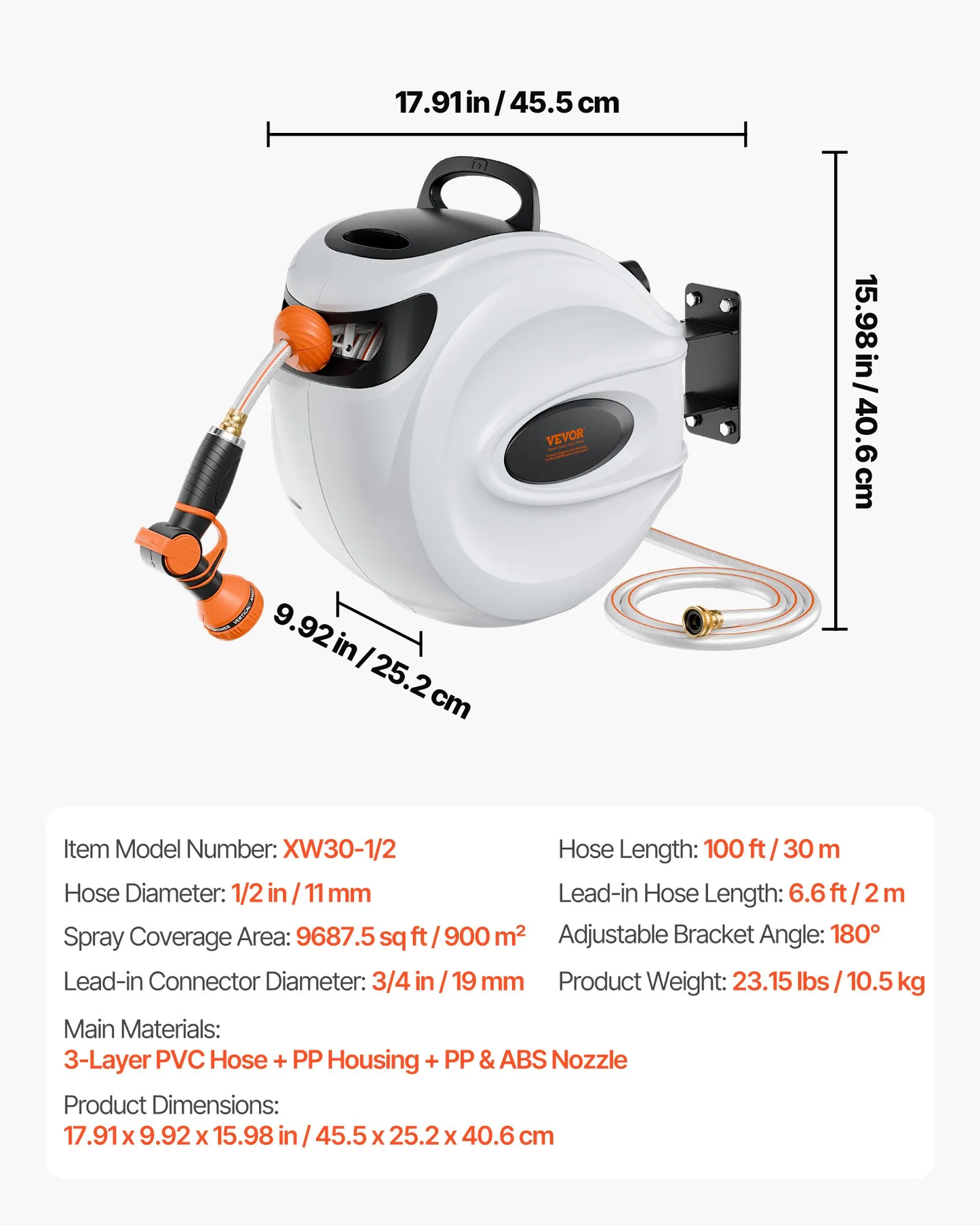 VEVOR Retractable Hose Reel, 100 ft x 1/2 inch, 180° Swivel Bracket Wall-Mounted,-$85