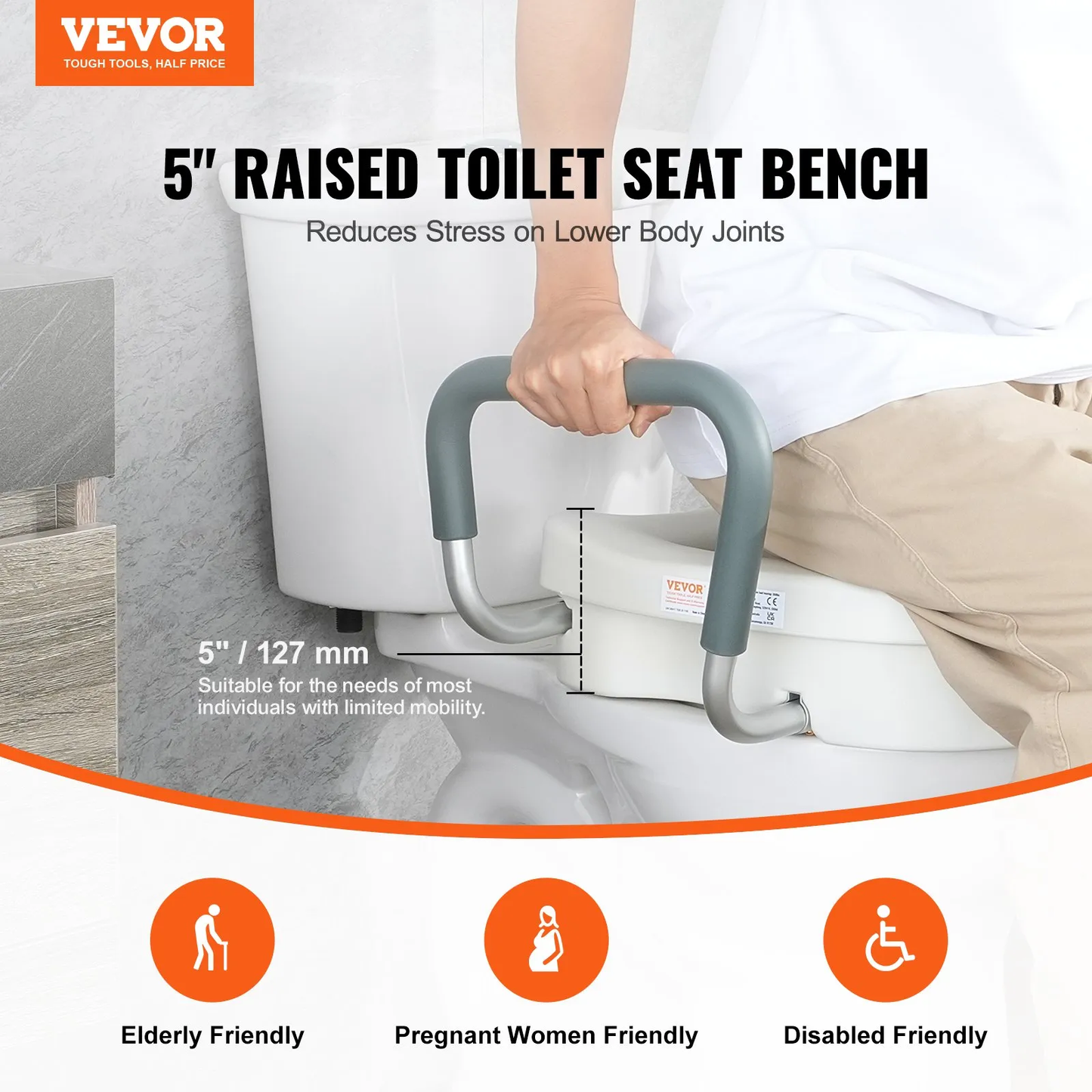 VEVOR Raised Toilet Seat, 5" Height Raised, 350 lbs Weight Capacity, for Round and Elongated Toilet,-$40