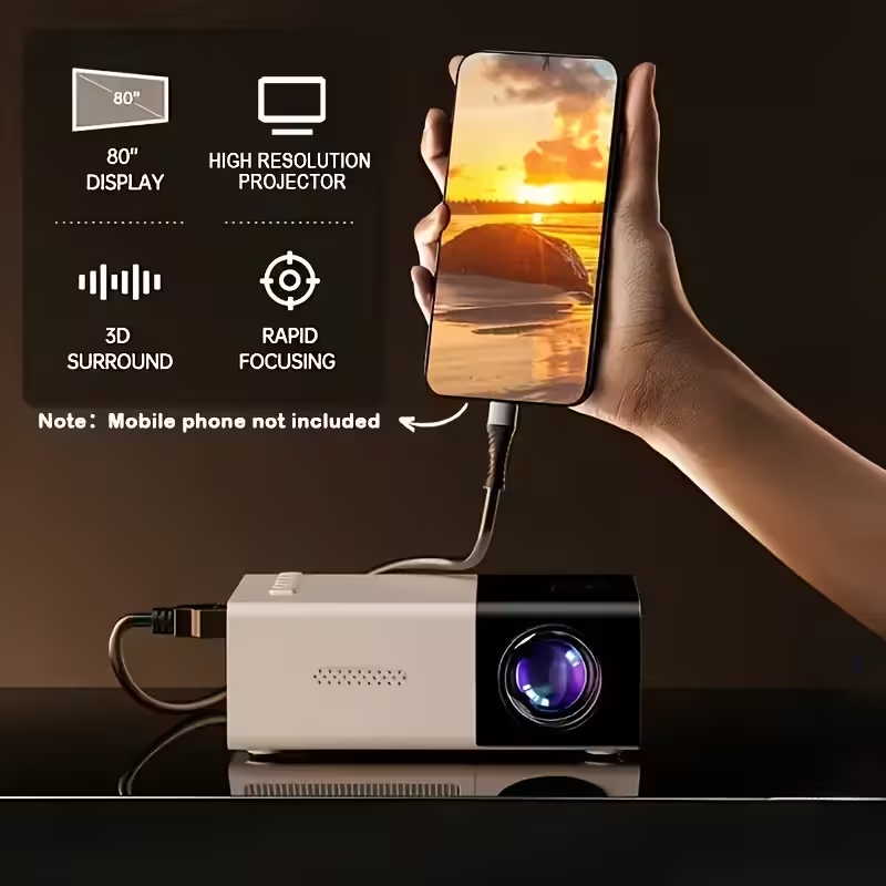 BNIB-Mini Portable LED Projector, 80" Large Screen Home Theater Projector with USB Phone Link,-$20