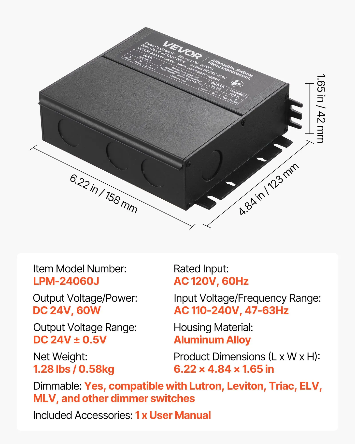 VEVOR 60W Dimmable LED Driver, 24V, Triac/ELV/MLV AC to DC Power Supply Transformer,-$35