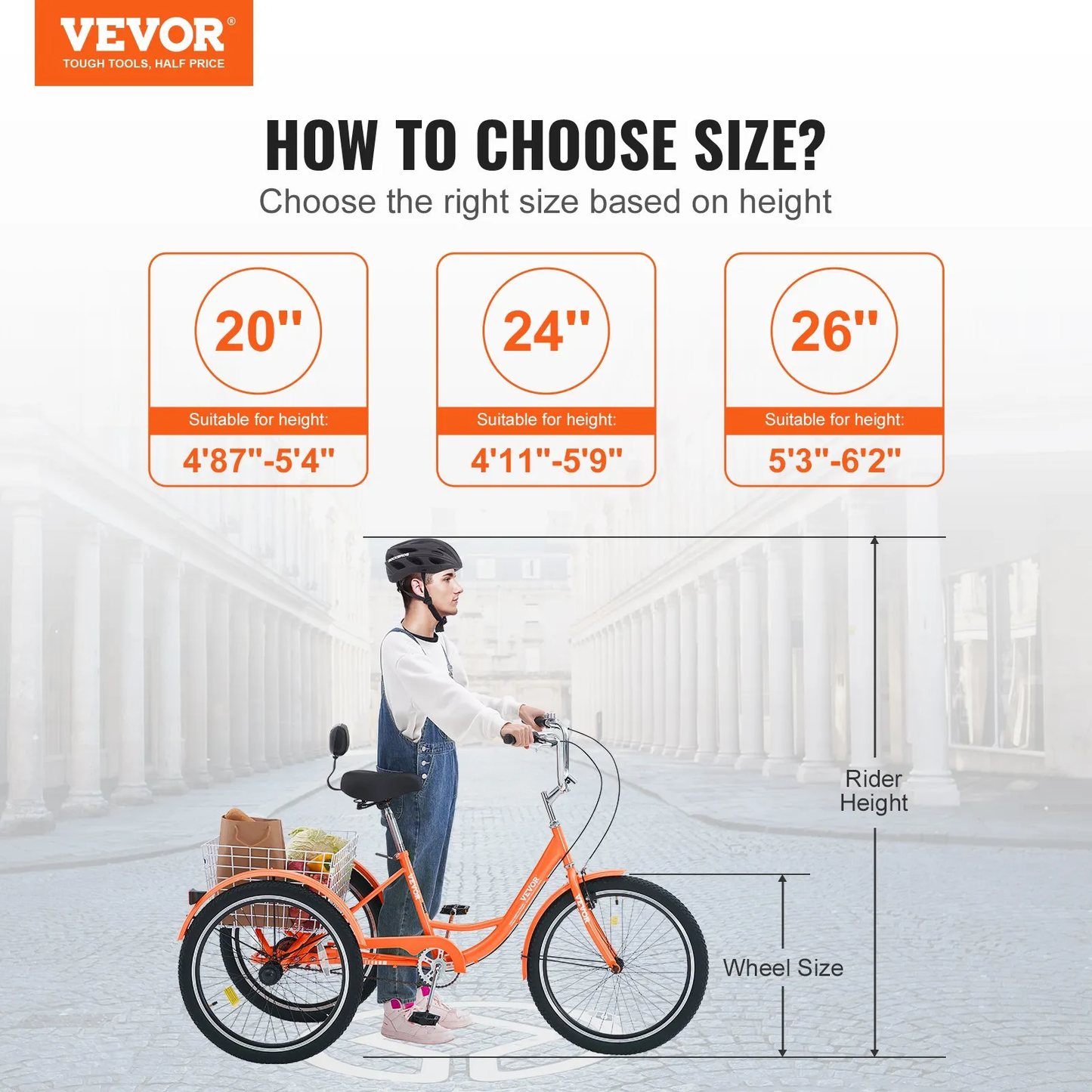 VEVOR Adult Tricycles Bike, 26 Inch Three-Wheeled Bicycles,Carbon Steel Cruiser Bike with Basket,-$220