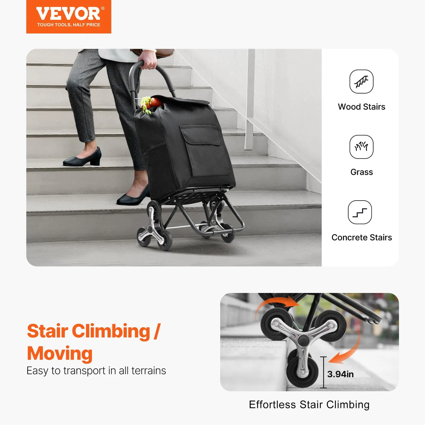 VEVOR Stair Climber Trolley Dolly, 36L Folding Shopping Cart,-$35