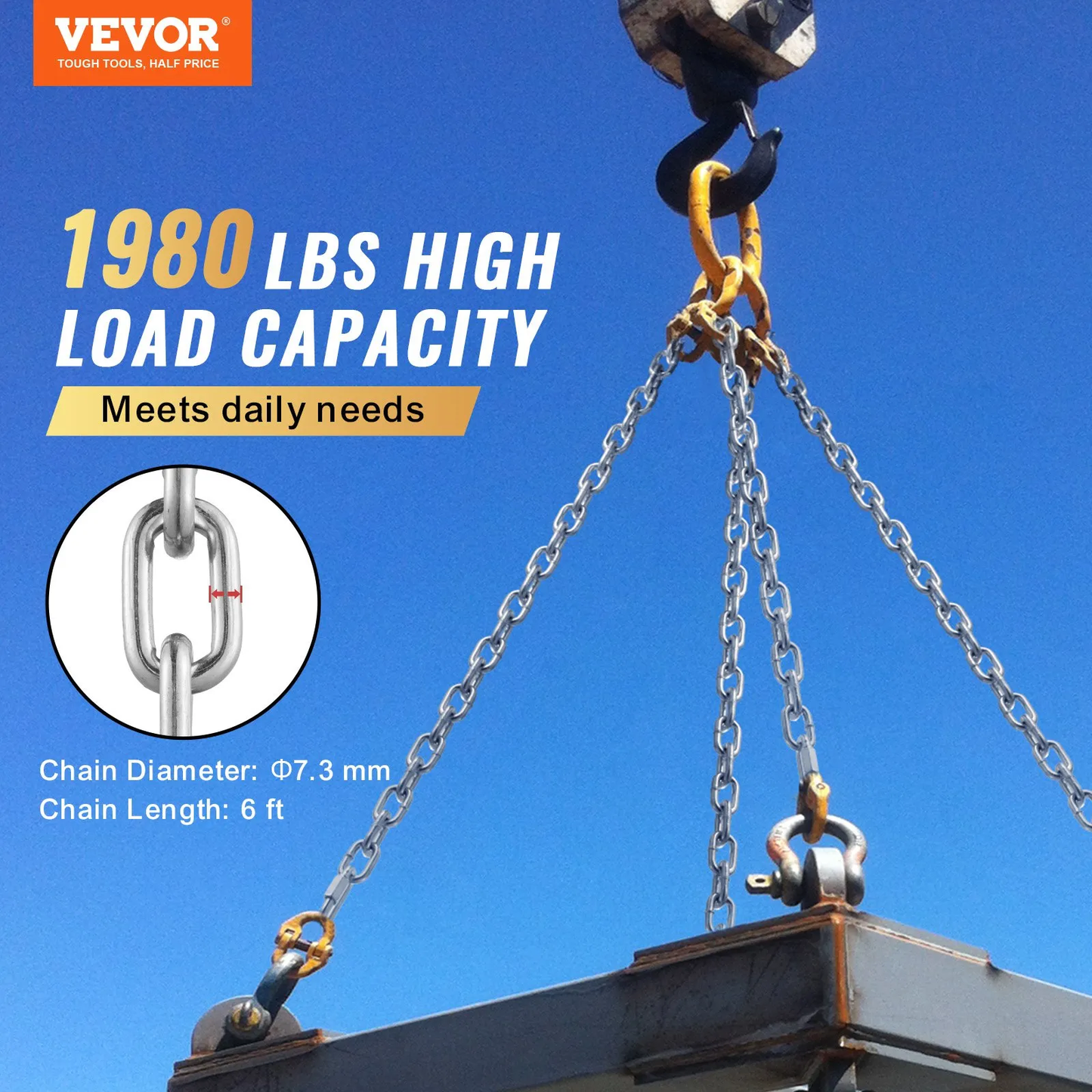 VEVOR Proof Coil Chain, 5/16" x 6', 1980 lbs Safe Working Load, Zinc Plated Proof Tested Coil,-$15