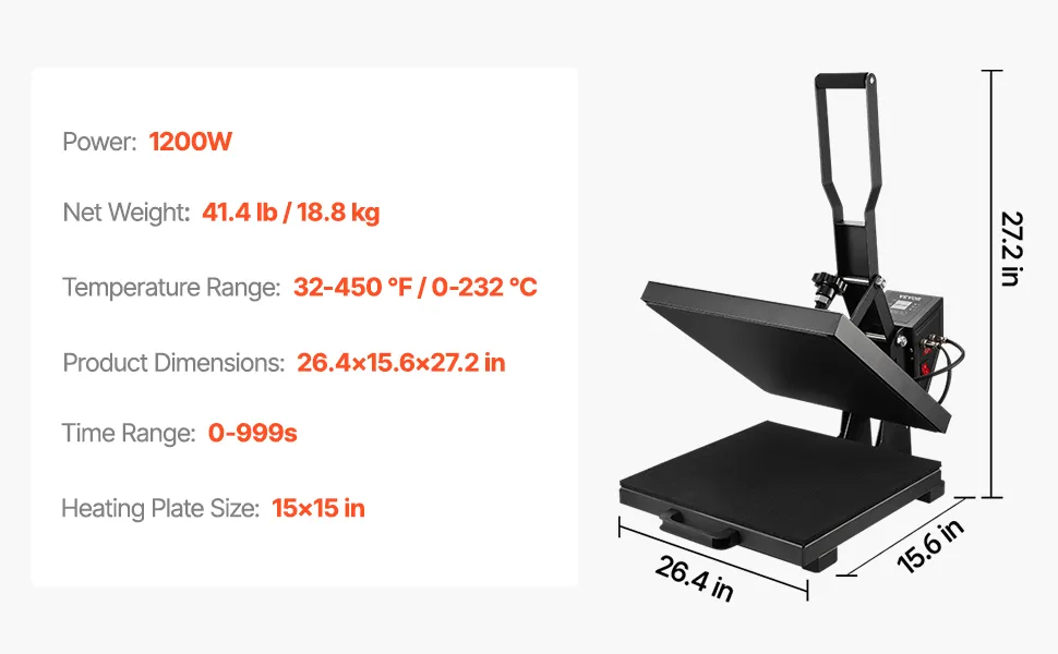 New (No box)VEVOR Heat Press, 15 x 15 inch Heat Press Machine for T-shirts, Fast and Even Heating,-$160
