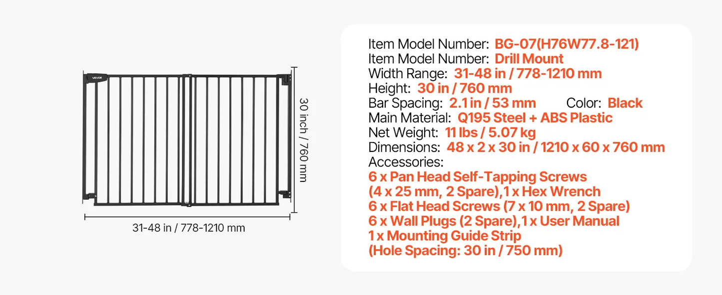 VEVOR Gate for Stairs, 31-48 in Adjustable Width, 30 in High Dog Gate, No Bottom Bar,-$55