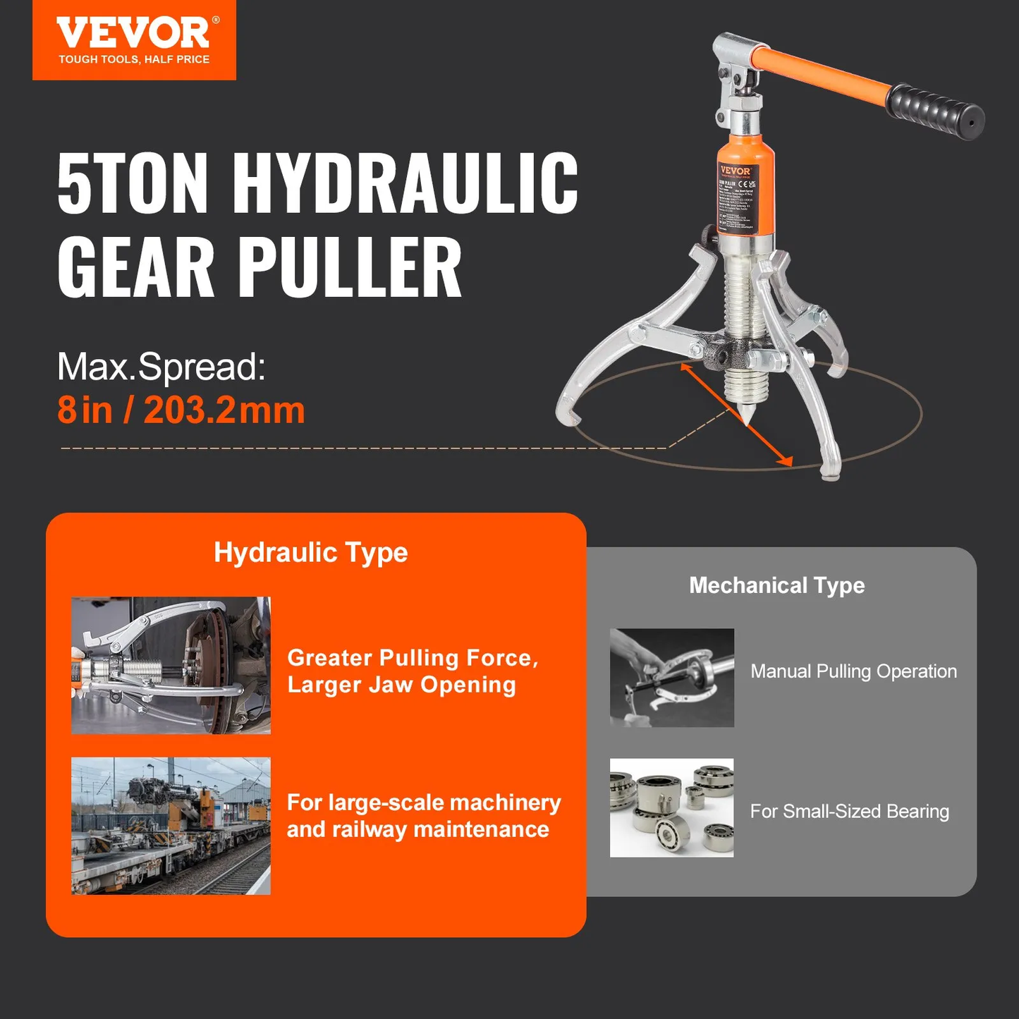 VEVOR Hydraulic Gear Puller, 5 Ton Max Capacity Wheel Bearing Pulling Separator,-$50