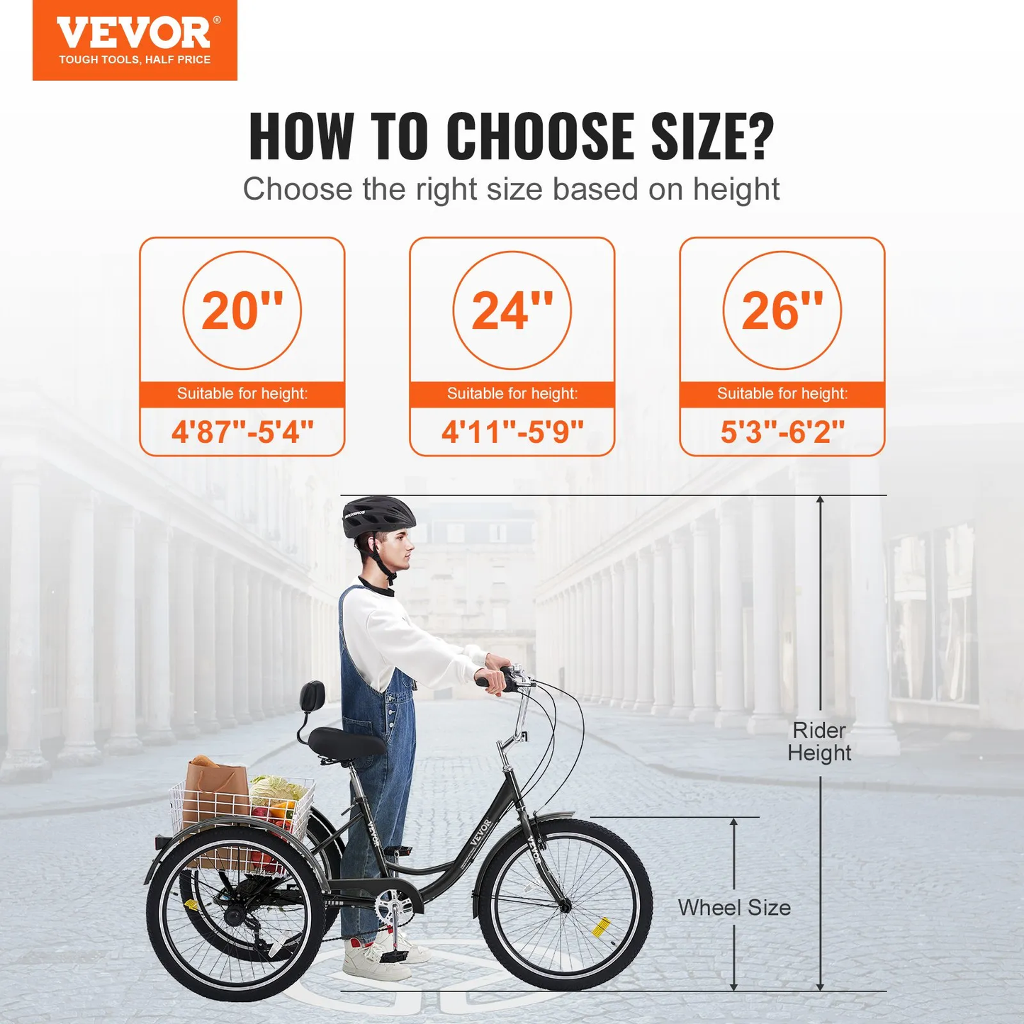 VEVOR Adult Tricycles Bike, 7 Speed Adult Trikes, 24 Inch Three-Wheeled Bicycles, Carbon Steel Cruiser Bike