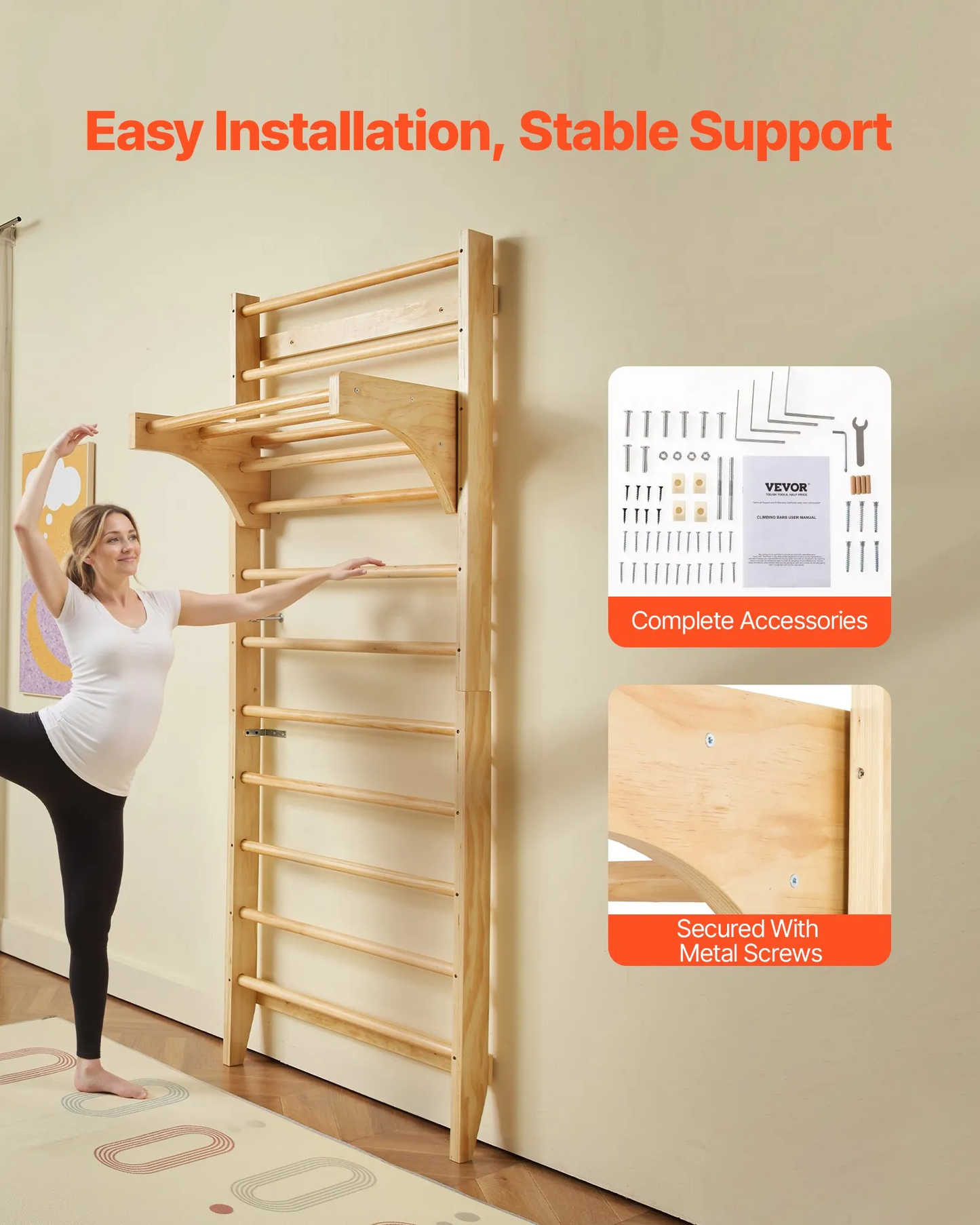 VEVOR Swedish Ladder Wall Gym, 10-Level Solid Wood Indoor Jungle Gym, 220lbs Loading Indoor,-$110