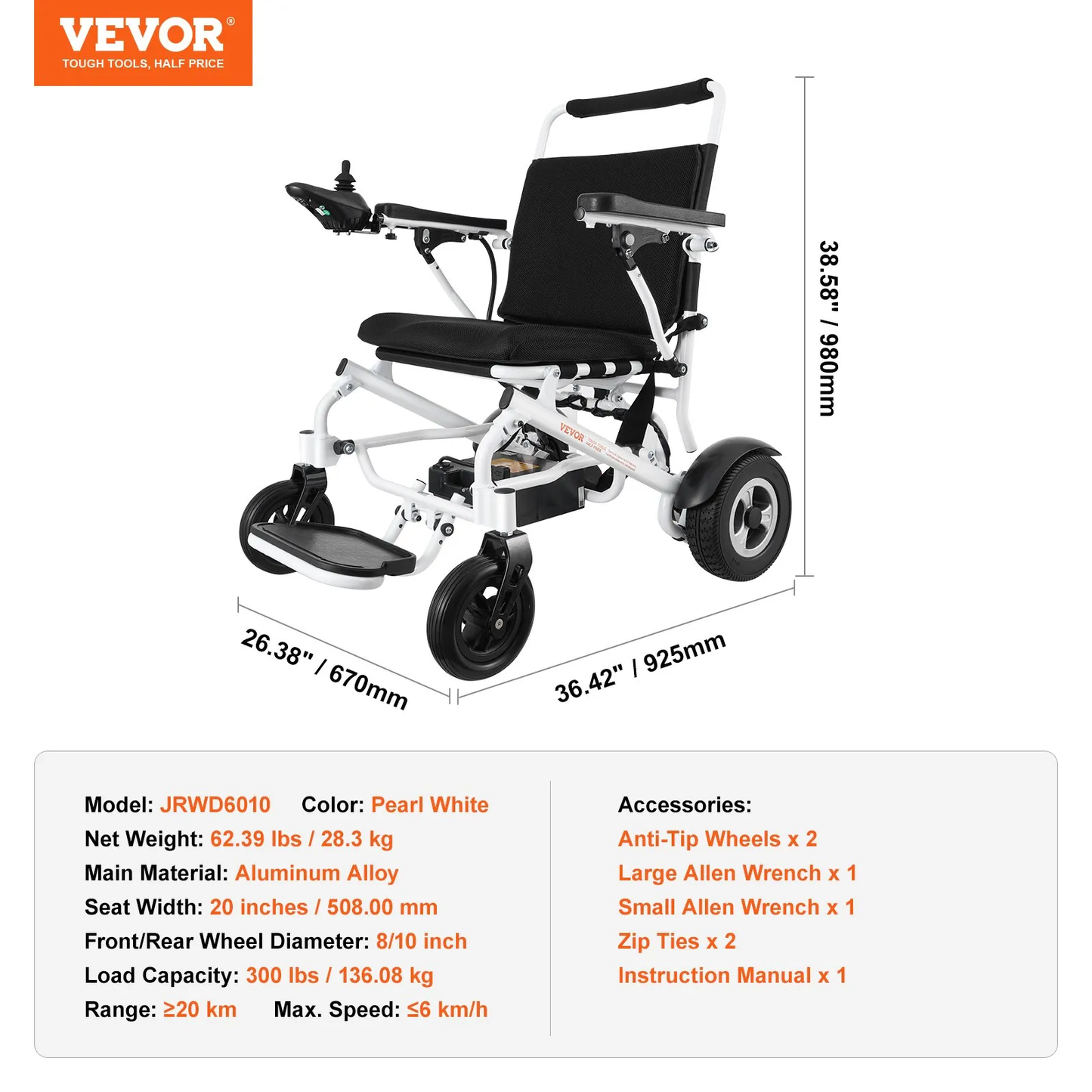 VEVOR Electric Wheelchair, 300 lbs Weight Capacity, 20 in Width Lightweight Foldable Motorized,-$860