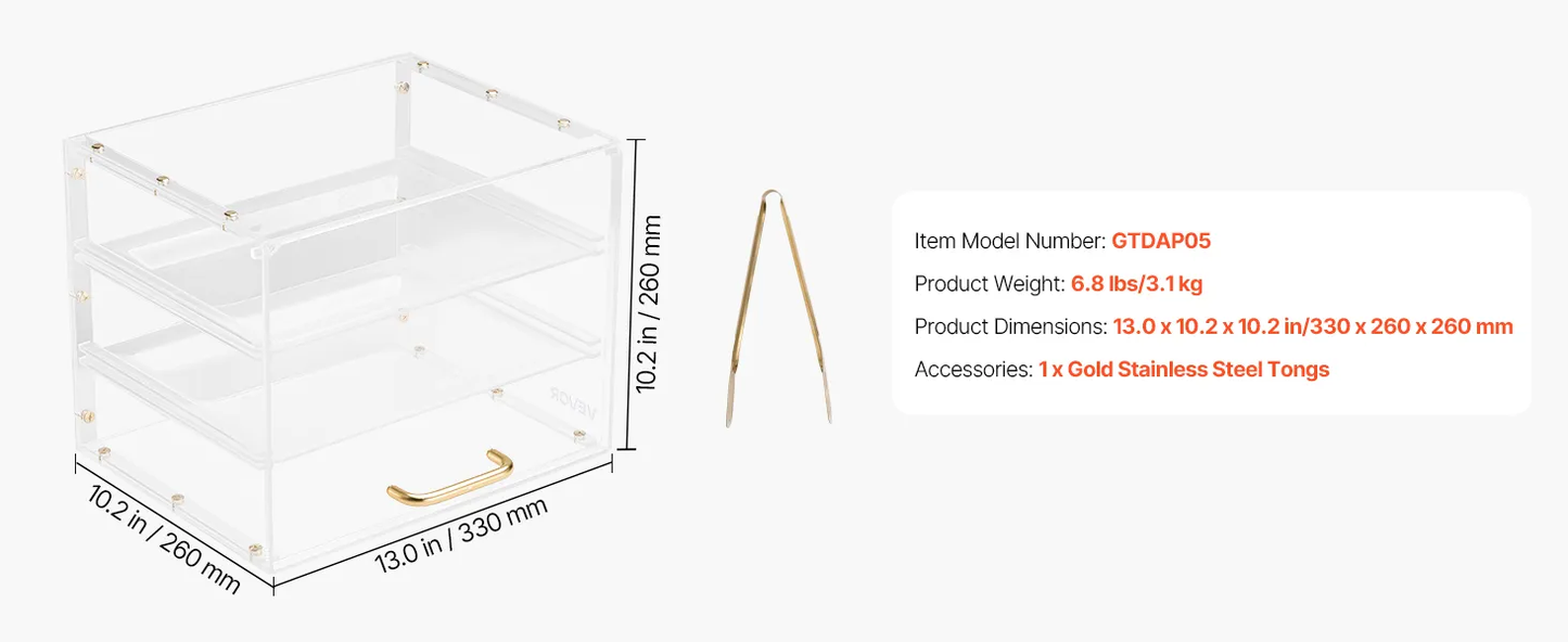 VEVOR Bakery Display Case, 3-Tier Commercial Countertop Pastry Display Case,-$45