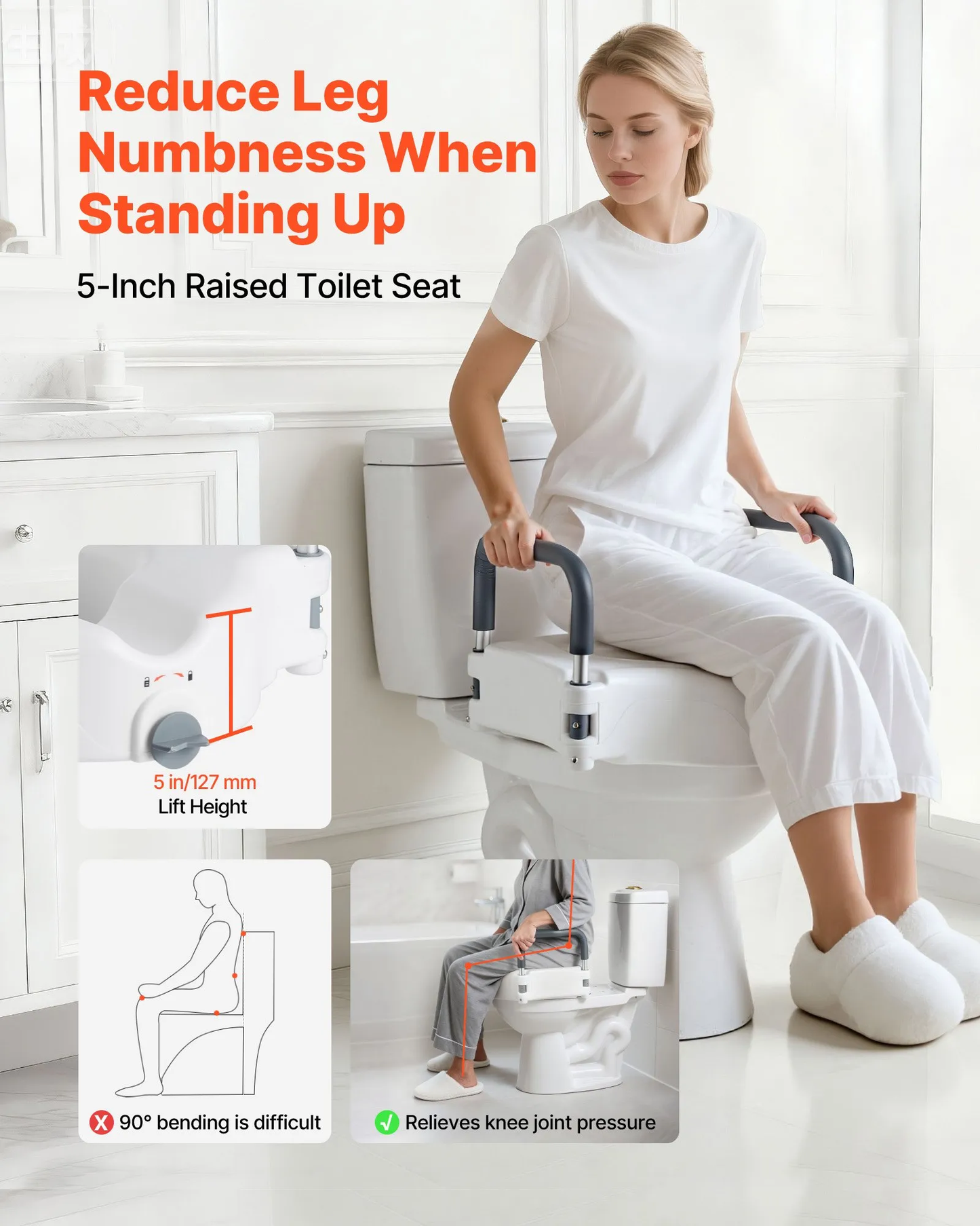 VEVOR Raised Toilet Seat with Arms, 300 lbs Load Capacity, 5-Inch Lift Height, Widened Commode,-$40