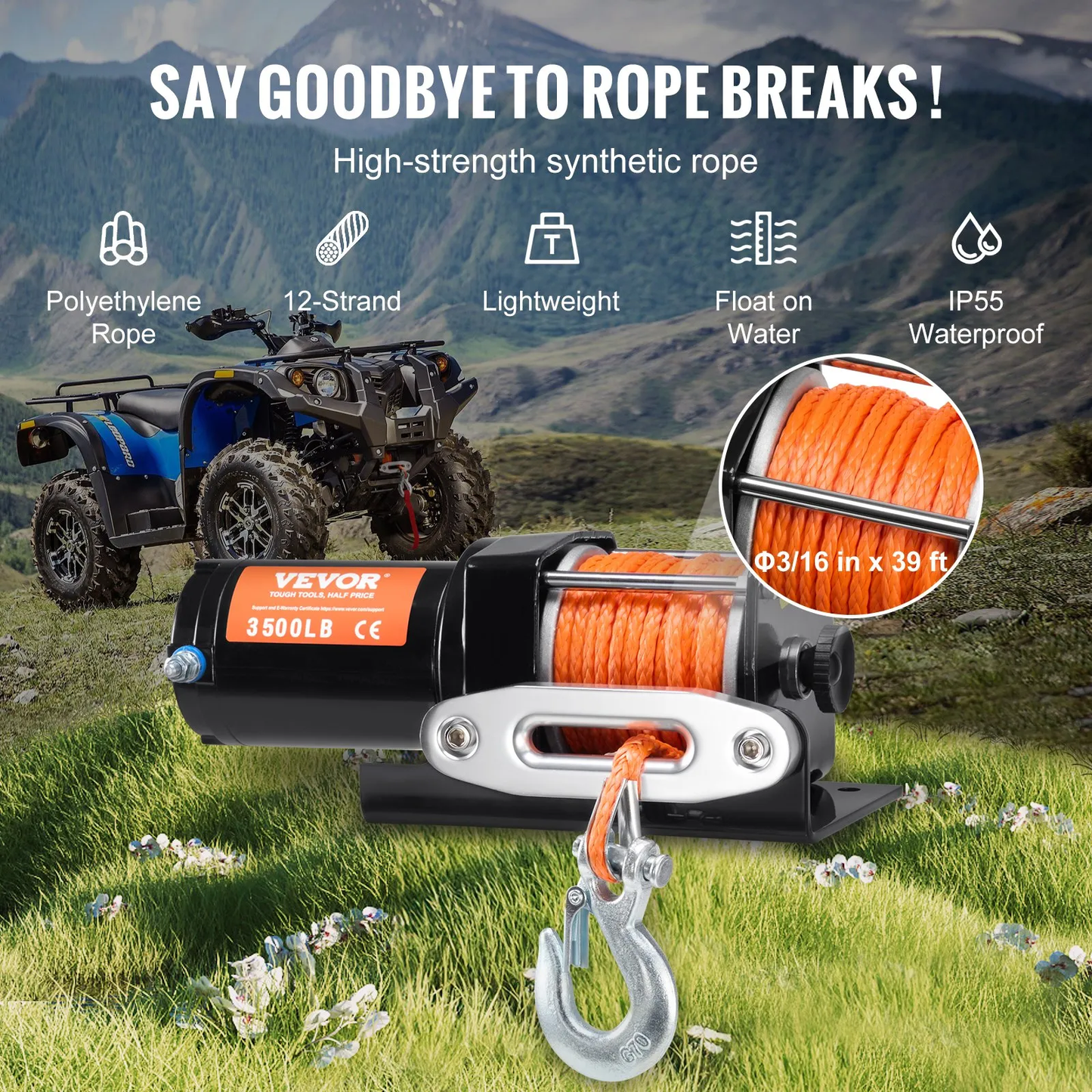 VEVOR Electric Winch, 3500 lb Line Pull Capacity, 12V DC ATV Winch with Φ3/16 in x 39 ft 12,-$85