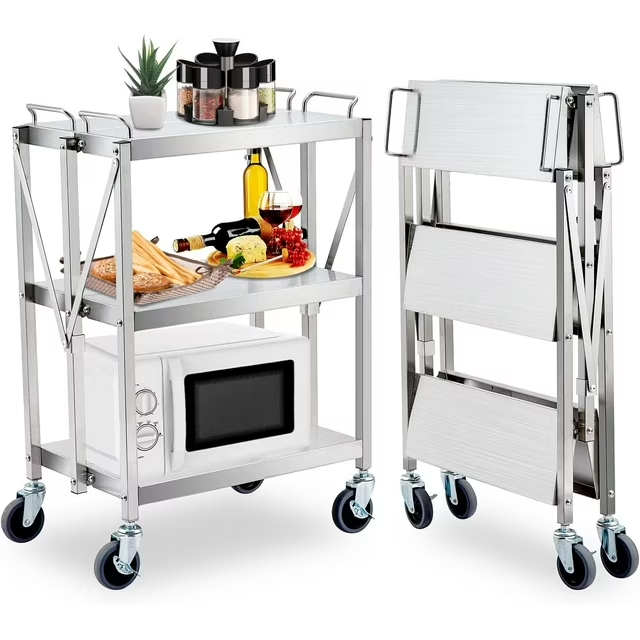 BNIB-Foldable 3 Tier Metal Utility Rolling Cart, 25 x 15.8 x 37.8", 440 lbs Load Capacity, Silver,-$180