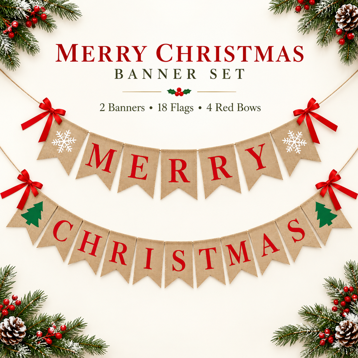 Brand New Merry Christmas Burlap Banner Set with 4 Red Bows,-$5