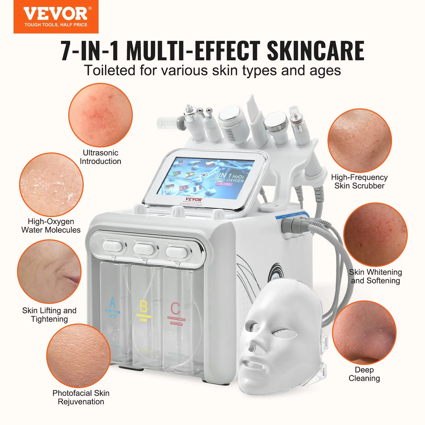 VEVOR 7 in 1 Hydrogen Oxygen Facial Machine, Professional Hydrafacial Machine for Spa with 7-inch LCD