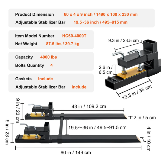 VEVOR Pallet Forks, 4000 lbs Clamp on Pallet Forks, 60" Total Length Heavy Duty Pallet Forks