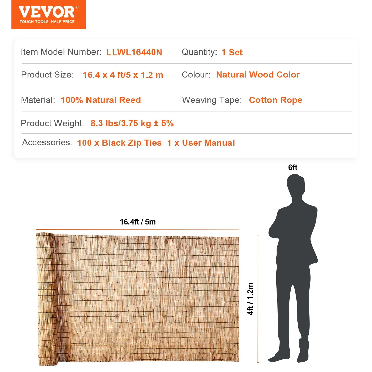 VEVOR Natural Reed Fencing, 4 ft x 16.4 ft, Reed Screen Curtain Balcony Reed Fence Roll for Outdoor,-$35