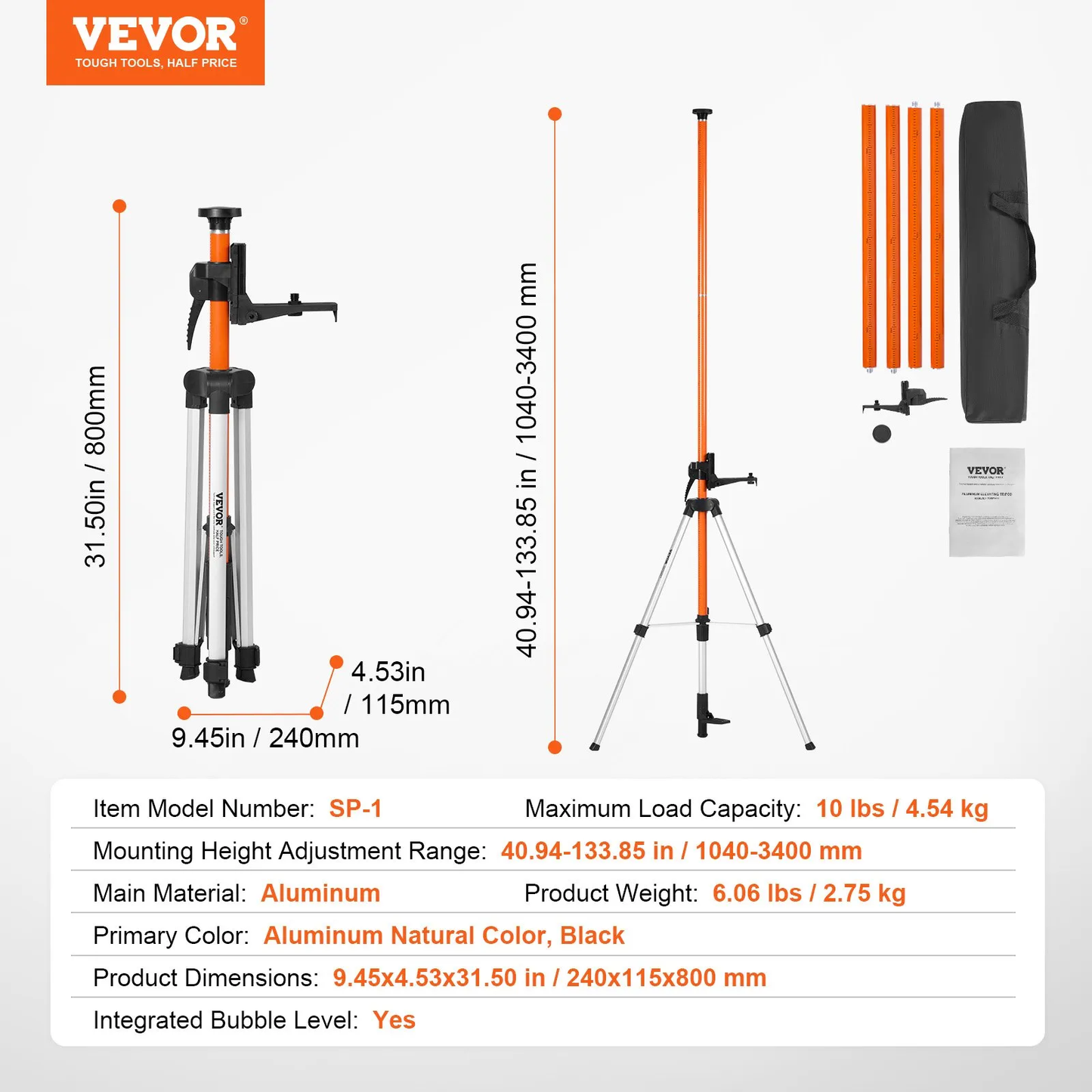 VEVOR Laser Level Tripod, 1/4"-20 & 5/8"-11 Thread Mount, 40.94-133.85 inch Height Adjustment,-$45