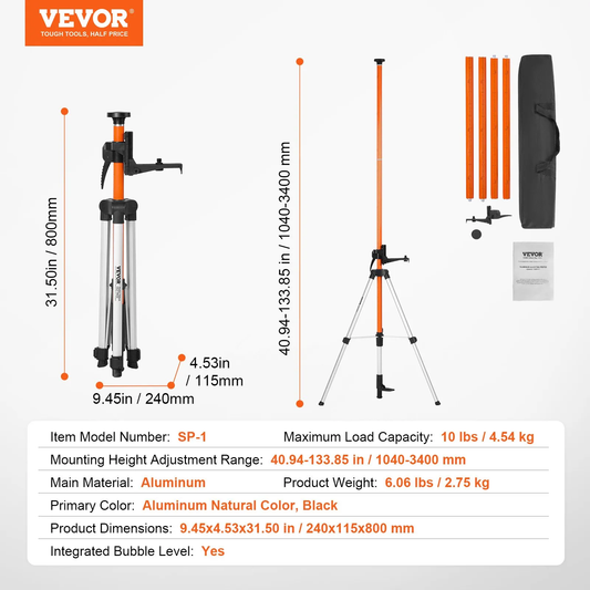 VEVOR Laser Level Tripod, 1/4"-20 & 5/8"-11 Thread Mount, 40.94-133.85 inch Height Adjustment,-$45