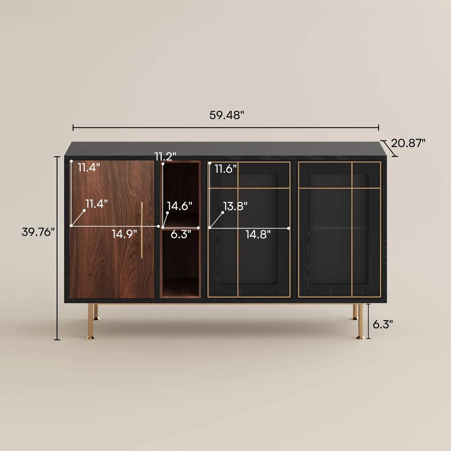 BNIB-POVISON 55'' Mid-Century Modern Credenza, Solid Wood Sideboard Buffet Cabinet, Walnut Finish,-$1000