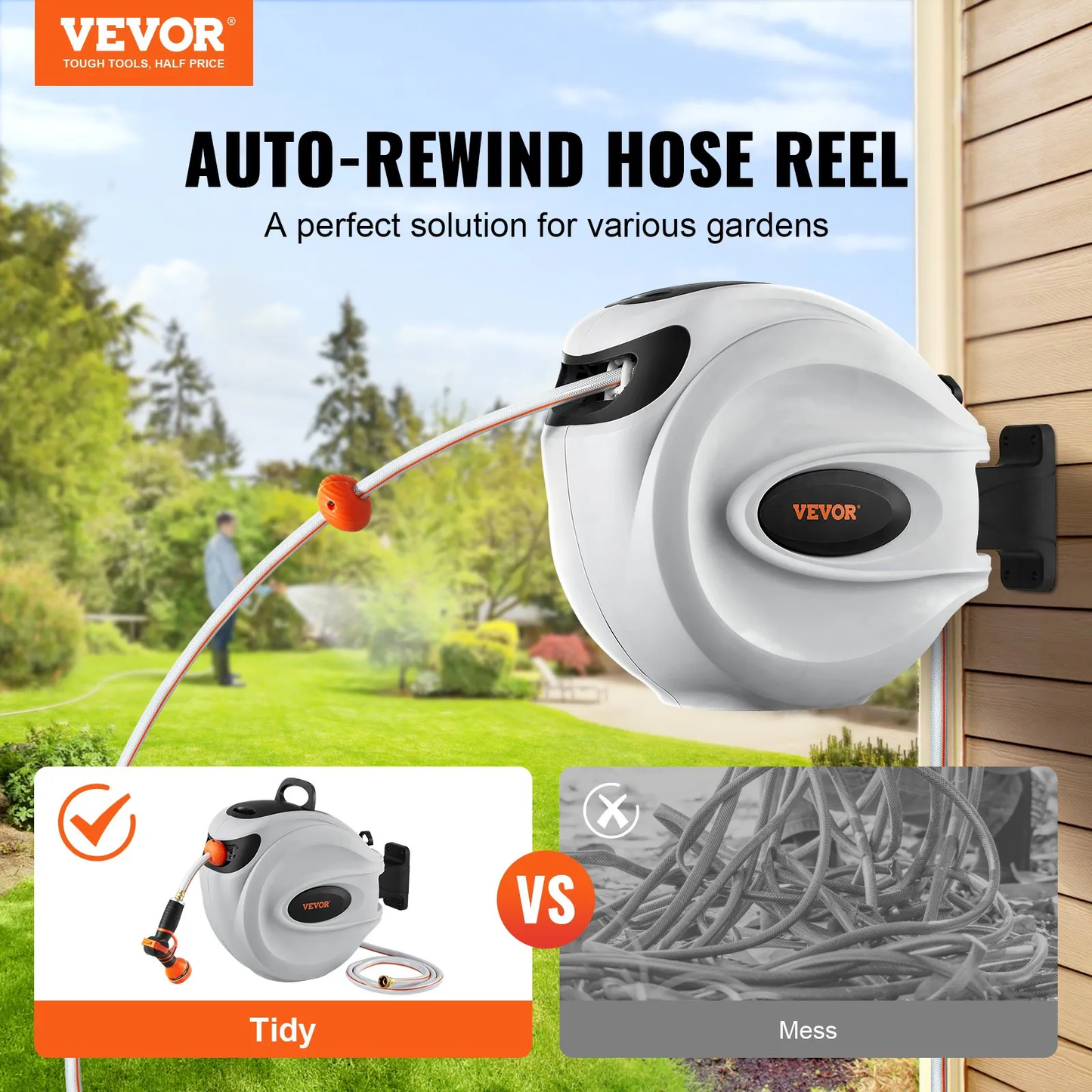 VEVOR Retractable Hose Reel, 65 ft x 5/8 inch, 180° Swivel Bracket Wall-Mounted, Garden Water Hose Reel,-$85