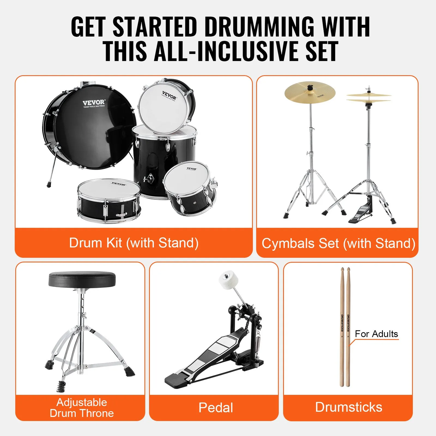 VEVOR Adult Drum Set, 5-Piece, 22 inches Complete Full Size Drum Kit with Bass Toms Snare Floor,-$260