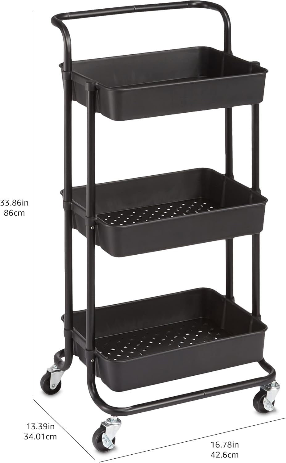 Brand New Amazon Basics 3-Tier Rolling Utility Cart | Classic Black with Handle