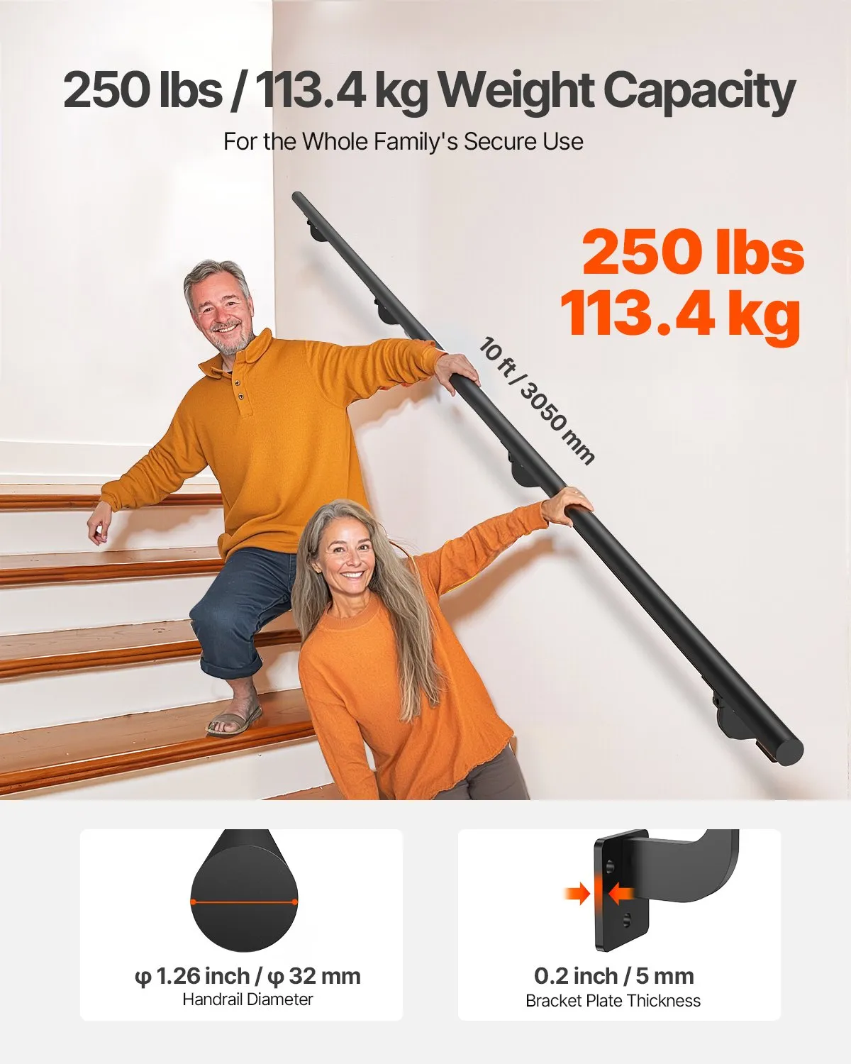 VEVOR Wall Mounted Stair Handrail, 10ft Pipe Staircase Handrail, Black Galvanized Aluminum,-$35